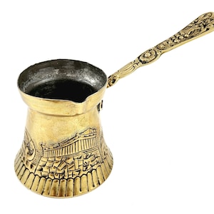 Brass Plated Arabic Greek Turkish Coffee Ibrik Pot Holds 6 oz Butter Warmer Scooper With Embossed Handle Filigree Vintage 60s