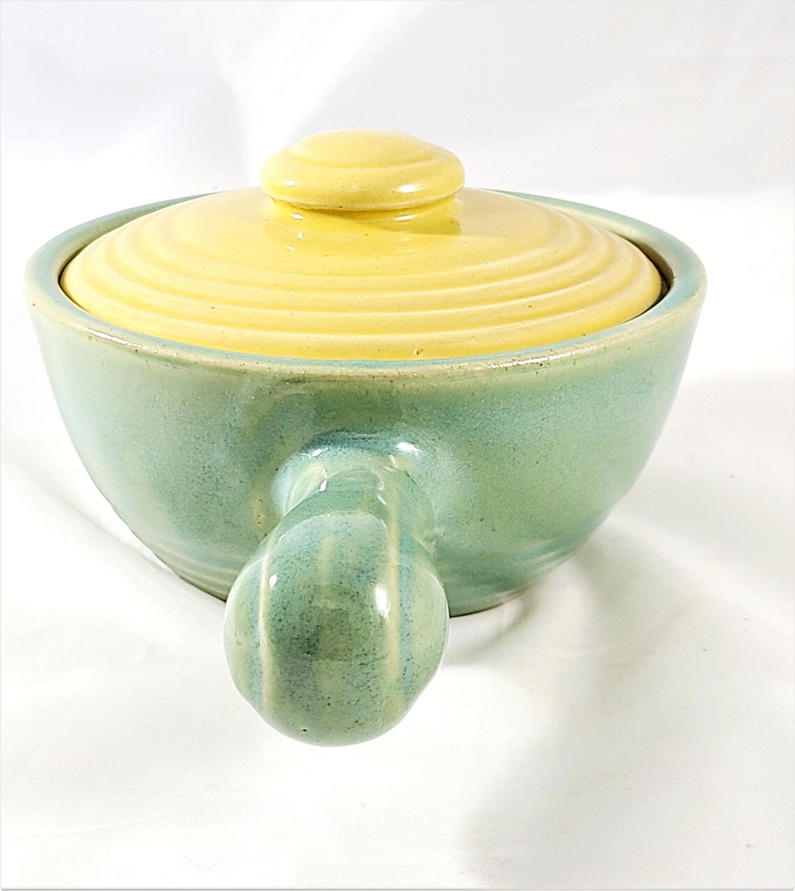 Lidded Soup Bowl With Handle Green With Yellow Lid Vintage Etsy