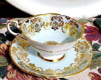 Paragon Bone China Tea Cup With Saucer,Light Blue With Gold By Appointment HM The Queen & HM Queen Mary Vintage 30s to 40s