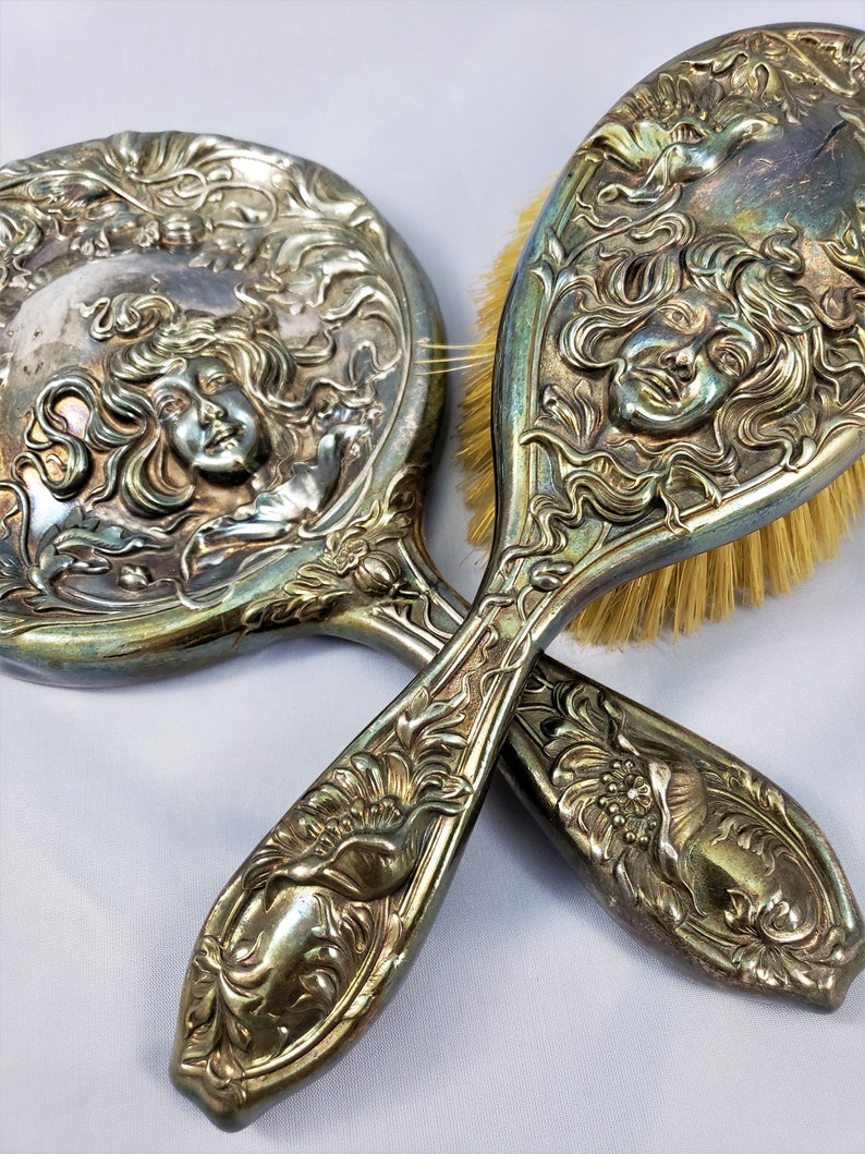 Art Nouveau Repousse Hand Mirror And Brush Set 1904 Antique Derby Silverplate Lady Flower Vanity