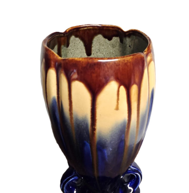 Belgian Art Deco Vase: Blue Brown Drip Glaze Ceramic Pedestal (Model 1943) imagem 6