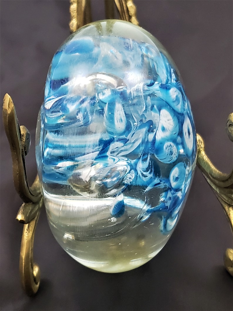 Glass Paperweight With Blue White Ribbon Controlled Bubbles Etsy
