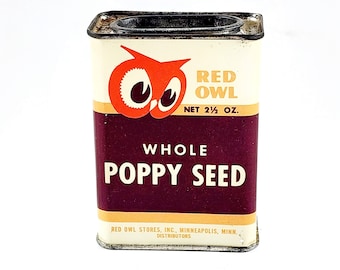 Red Owl Spice Tin In Poppy Seed 2 1/2 Ounce Size, Canco, Mid Century 1948, Collector Gift