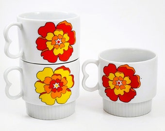 Vintage Stacking Mugs Japan Floral Flower Power, 6 Ounces, Mid Century Mod 70s