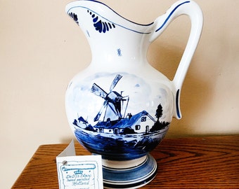 Large Delft Blue Pitcher With WindMill Scene Made In Holland Handwork Crown Mark Vintage 80s 90s