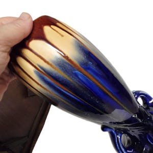 Belgian Art Deco Vase: Blue Brown Drip Glaze Ceramic Pedestal (Model 1943) imagem 3