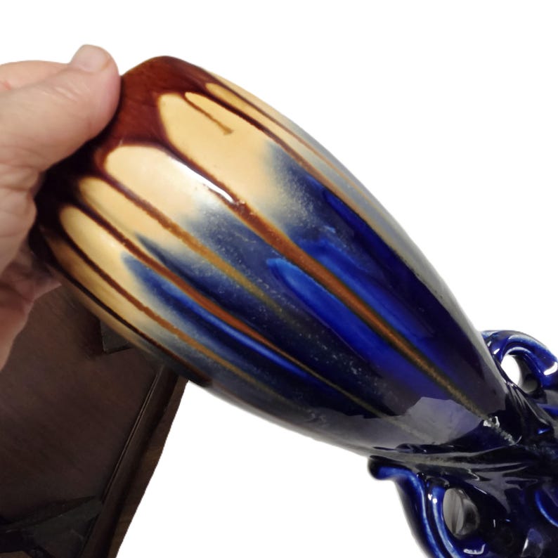 Belgian Art Deco Vase: Blue Brown Drip Glaze Ceramic Pedestal (Model 1943) imagem 3