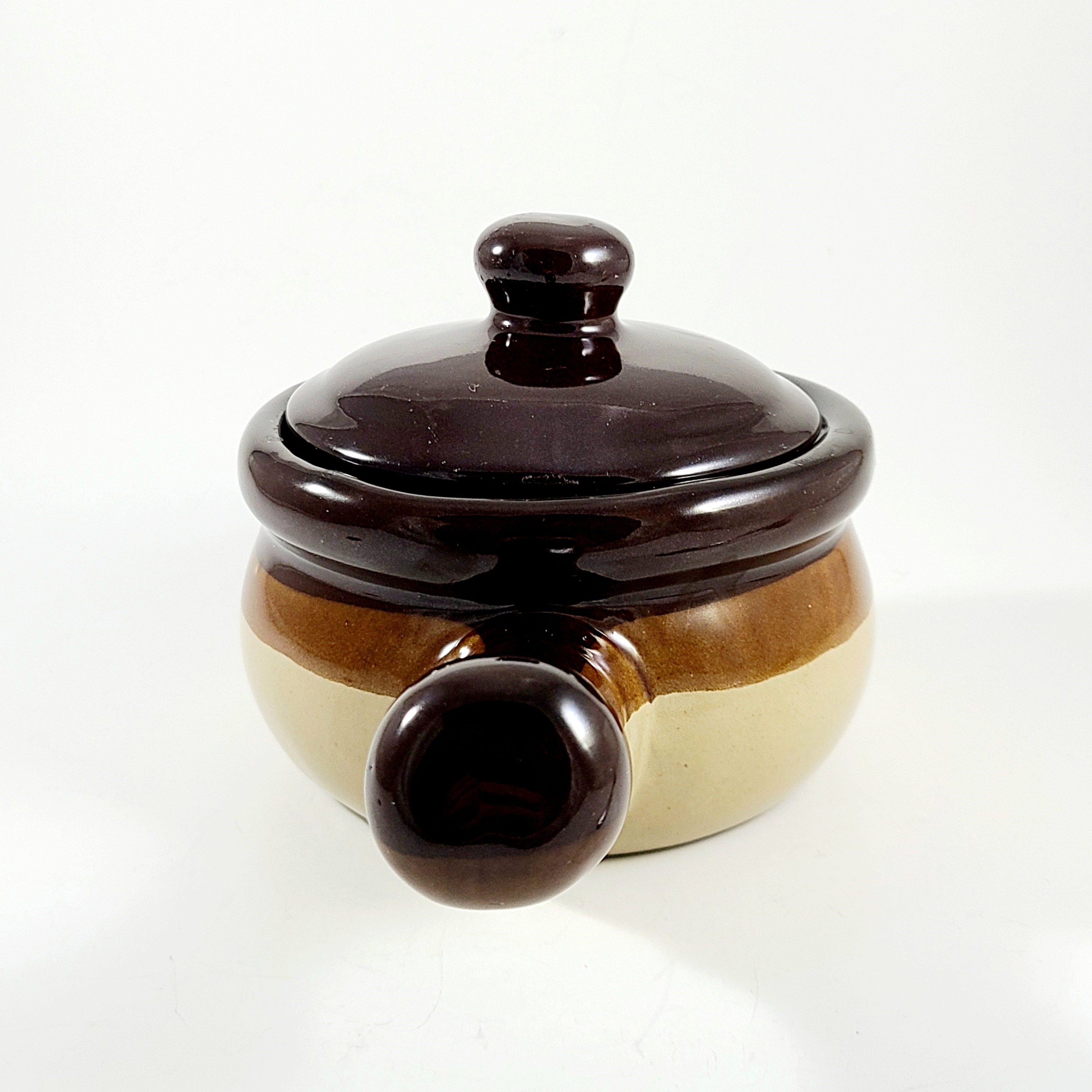 Vintage Brown Ceramic Soup Pot with One Handle & Vented Tapered Lid Unique  Rare