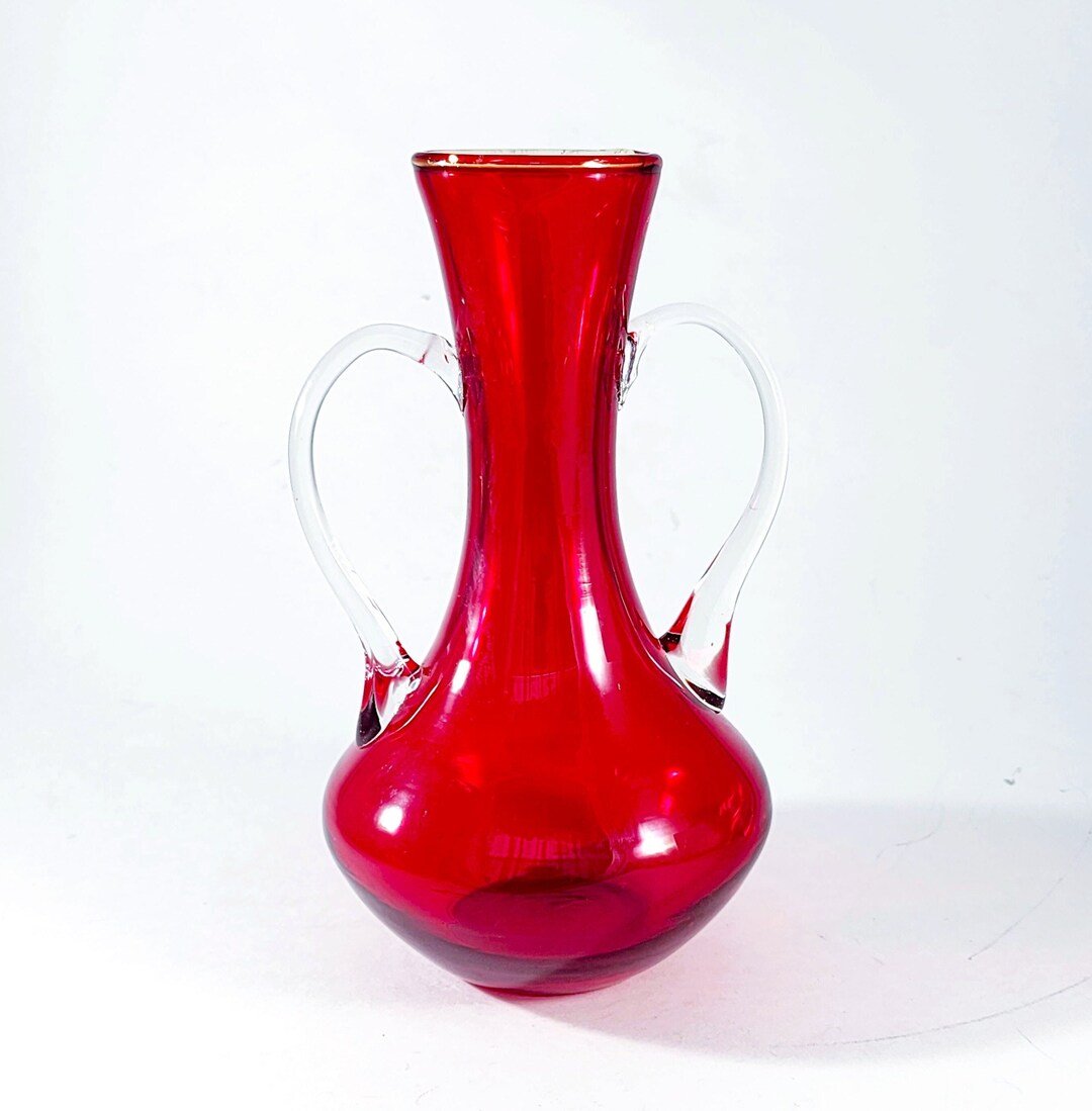 Red Glass Vase With Clear Glass Handles Vintage Etsy