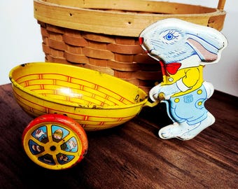 Vintage J. Chein Tin Litho Easter Rabbit Pull Toy: Nursery Rhyme
