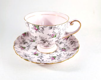 Tuscan Tea Cup Saucer Bone China With Pink Rosebuds & Gray Fern Gold Scalloped Rim  6 Ounce England Vintage 50s 60s