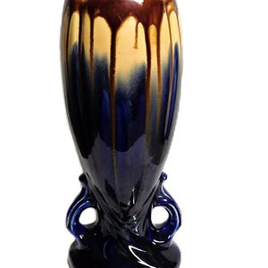Belgian Art Deco Vase: Blue Brown Drip Glaze Ceramic Pedestal (Model 1943) imagem 2