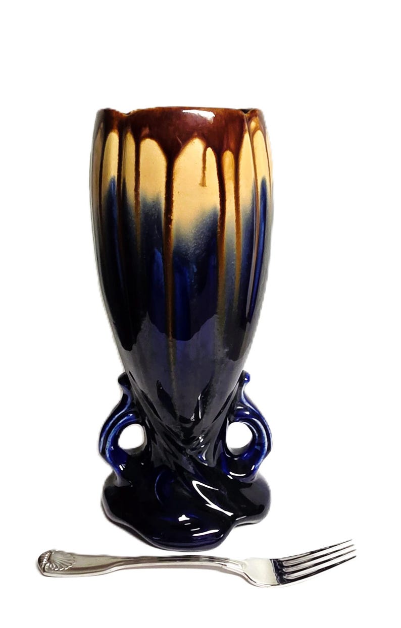 Belgian Art Deco Vase: Blue Brown Drip Glaze Ceramic Pedestal (Model 1943) imagem 2