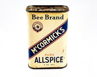 McCormicks Bee Brand Spice Tin 2 Oz Allspice Antique 20s to 40s.