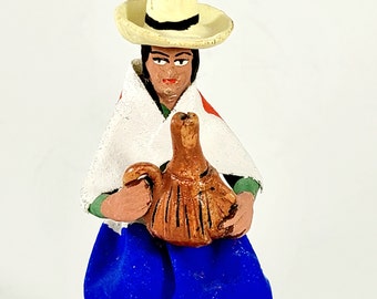 Folk Art Ethnic Woman With Jug Figurine,  Fabric Mache Or Decoupage Cloth, Peruvian Clay Pottery Vintage 1968