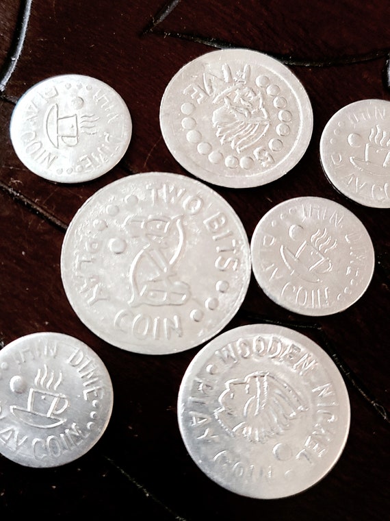 Monedas de dinero de juguete de aluminio, juego de 7, vintage de los años  50 -  México