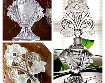 Crystal Perfume Bottle With Grape Cluster Stopper and Open Work Vintage