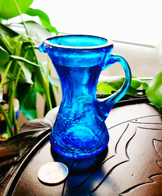 Mini Pitcher Vase Peacock Blue Crackle Art Glass With Applied Handle and  Spout Kanawha Pilgrim Vintage 60s 70s 