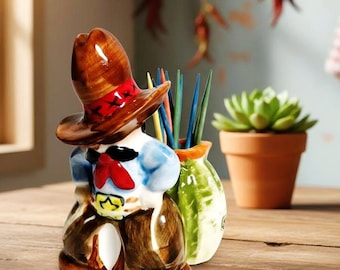 Vintage Josef Originals Cowboy Toothpick Holder, 1970s Ceramic Western Cactus Figurine