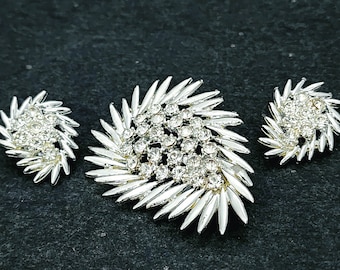 Camelot Sunburst Brooch Earring Clip On Set With Rhinestones And Original Box Vintage 60 to 80s