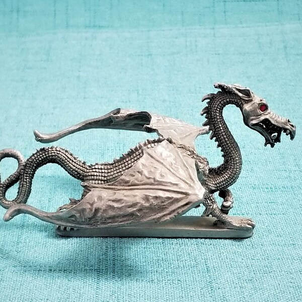 1980s Partha Dragon PP80, Mythical Pewter Chinese Dragon Red Rhinestone Eyes