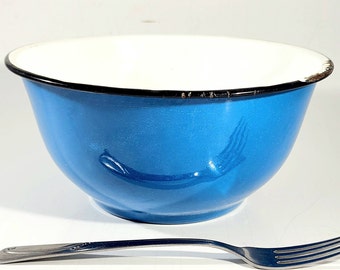 Blue Enamelware Bowl White interior and Black Trim, Dark Cyan Color 70s