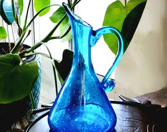 Blue Glass Ewer Controlled Bubble Vintage 1985 to 2004, Tall 10 1/2 Inch, Rainbow Blenko