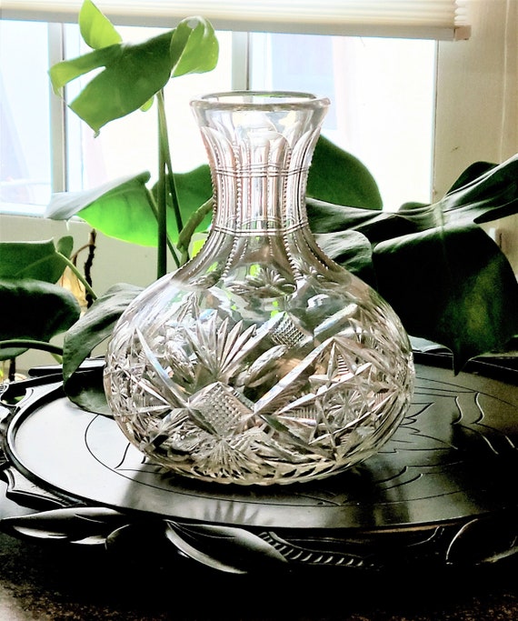 VINTAGE CUT GLASS CARAFE/DECANTER WITH METAL HANDLE , SPOUT AND