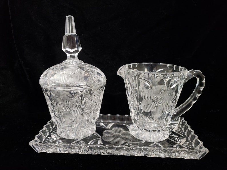Crystal Creamer Sugar With Tray Pressed Glass Cut Wheel Flower Etsy