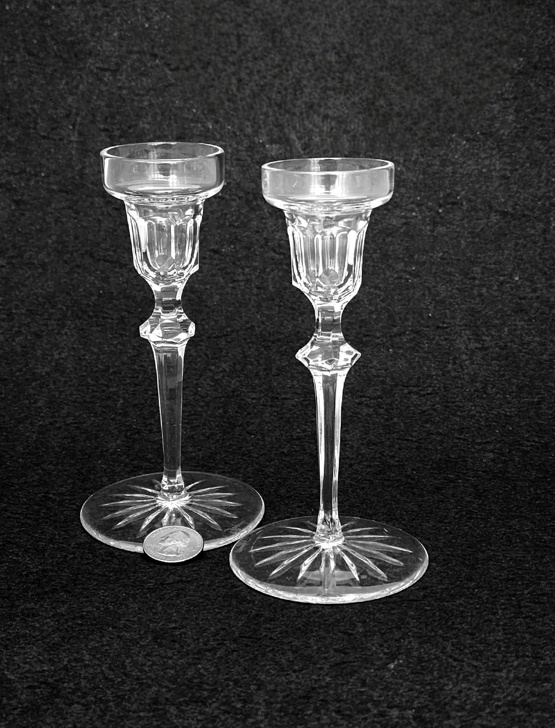 Rogaska Crystal Candlestick Holder Pair, Six Sided Panelled, 6 Inch