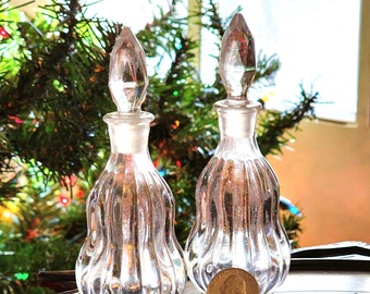 Small Vertical Ribbed Bottle, Set of 2,  Perfume Bottles, Faceted Stoppers 60s 70s