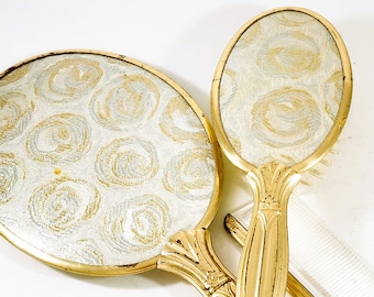 Vanity Hand Held Mirror & Brush Set - Gold Tone Bird Medallion,  Rose Repousse, Vintage 40s 50s