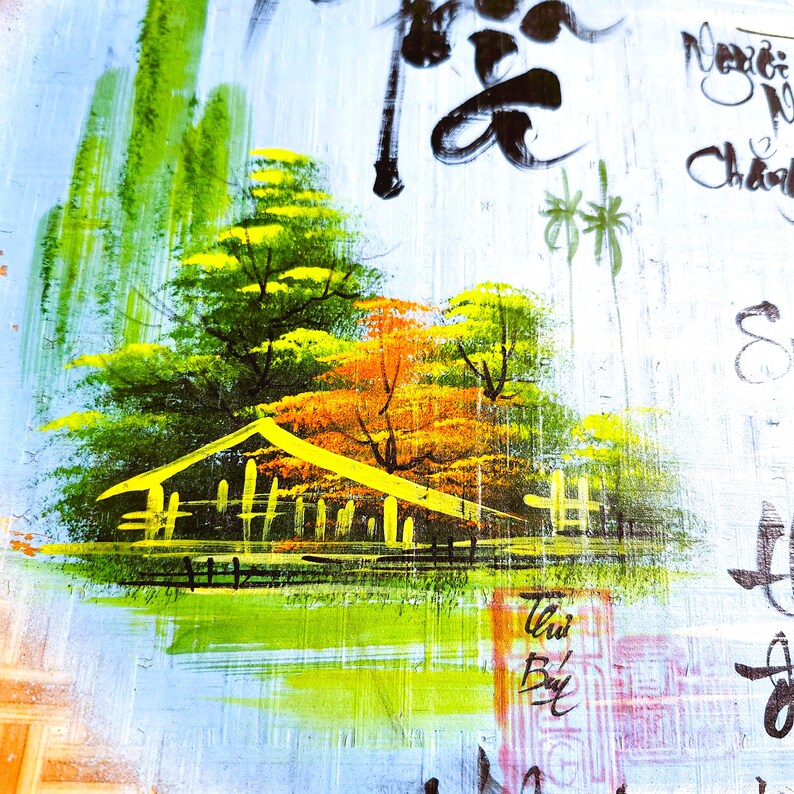 May include: A colorful painting of a landscape featuring a yellow-roofed structure, trees with green and orange foliage, and a green field. The background is a light blue with brushstrokes and some calligraphy.