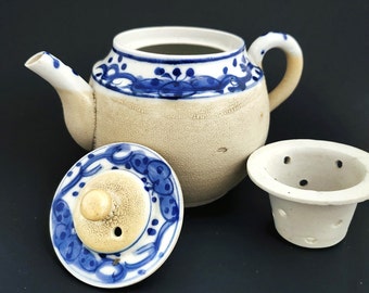Japanese Hand Thrown Sharkskin Glazed Teapot, Blue White Porcelain, Removable Tea Strainer Japan Antique Meiji Period 1890s 1920s