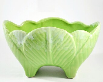 Ceramic Green Drip Planter With Leaf Design Vintage 60s