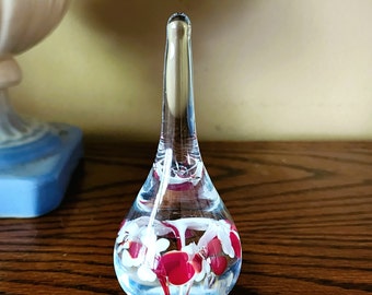 Gibson Art Glass Teardrop Paperweight With Red White Flowers, Ring Holder Vintage 80s 90s