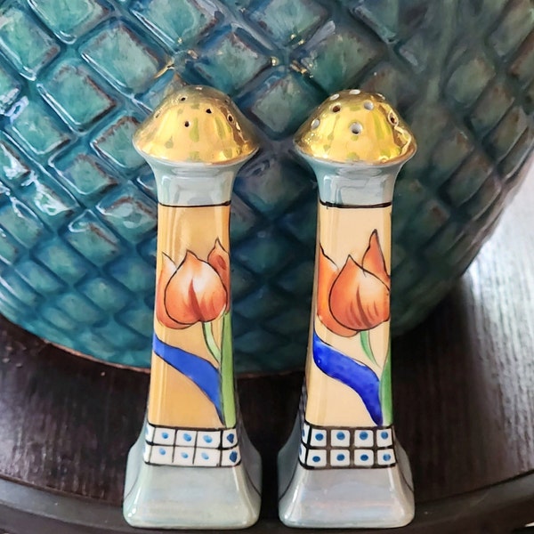 Orange Lusterware Salt Pepper Shakers With Hand Painted Tulips Made In Japan Antique 20s 30s