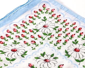 Daisy Floral Handkerchief, With Pink Rose Buds and Light Blue Border, Hand Sewn Hems Vintage