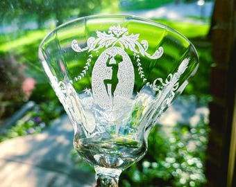 Vintage Art Deco  Champagne Glass, Morgantown Sunrise Medallion, Etched Dancing Girl Stemware