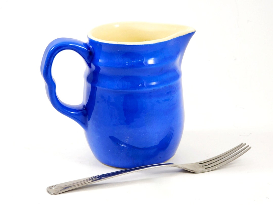 Oxford Stoneware Blue Milk Pitcher, Small With Cream Interior USA