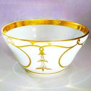 White Porcelain Serving Bowl With Gold Scrolls & Rim Vintage