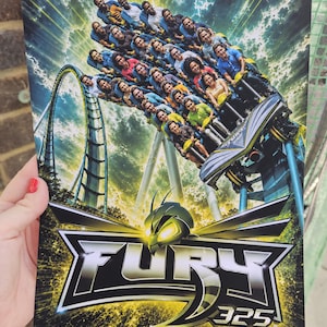 Może przedstawiać: Prostokątny plakat przedstawiający widok z góry na kolejkę górską Fury 325 z pasażerami na niebieskich i żółtych siedzeniach. Grafika zawiera stylizowaną głowę szerszenia nad srebrnym napisem FURY 325 na ciemnym tle.