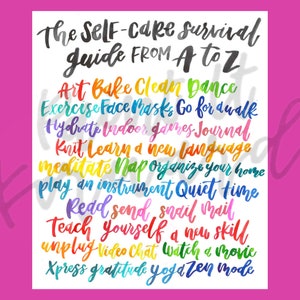Self-Care Survival Guide Digital Print // Self-Care ABC&#39;s, Self-Care Watercolor Print, Self-Care Classroom Poster, Self-Care Office Poster