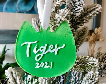 Custom Cat Ornament, Pet Ornament, Hand Lettered Ornament, Acrylic Cat Ornament, Personalized Pet Owner Gift, Gift Tags, Stocking Tags