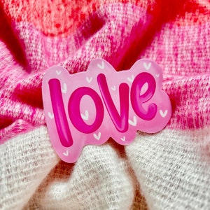 Liefde sticker//Valentijnsdag sticker, liefde en harten sticker, roze liefde sticker, hand geïllustreerde sticker, vinyl waterdichte sticker