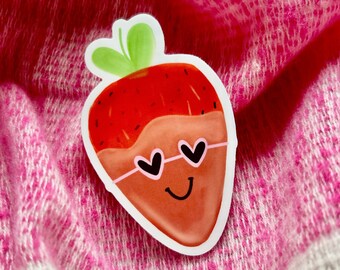 Chocolate Strawberry Sticker // Valentines Day Sticker, Happy Strawberry Sticker, Hand Illustrated Sticker, Vinyl Waterproof Sticker