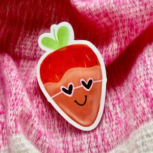 Chocolade aardbei sticker//Valentijnsdag sticker, Happy Strawberry sticker, hand geïllustreerde sticker, vinyl waterdichte sticker