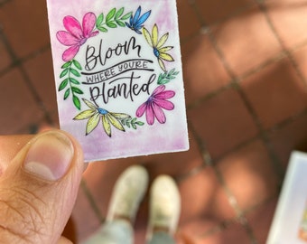 Mini Bloom Where You’re Planted Watercolor Sticker, Calligraphy Sticker, Watercolor Decal, Laptop Decal, Phone Sticker, Stocking Stuffer