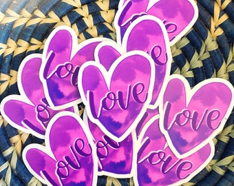 LOVE Heart Sticker // Tie-dye Watercolor Sticker, Heart Sticker, Purple and Pink Heart Sticker, Waterproof sticker, Heart decal