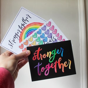 Stronger Zusammen Postkarte Pack, 3 Packung handgemachte Aquarell Postkarten, stärker zusammen, Coronavirus Fundraiser, Regenbogen Postkarten